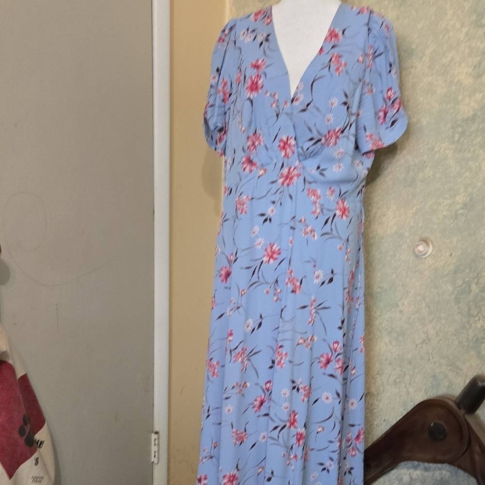 Light Blue Floral V-Neck Maxi Dress